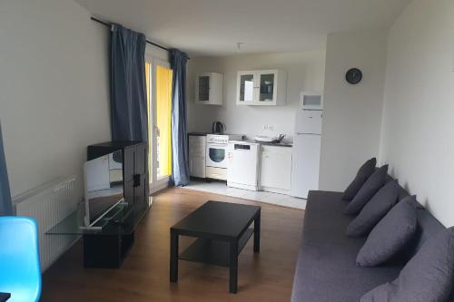 un salon avec un canapé et une table dans l'établissement Charming T3 with parking near Paris, à Villejuif