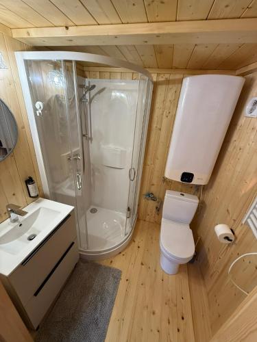 a bathroom with a shower and a toilet and a sink at azyl glamp in Uście Gorlickie