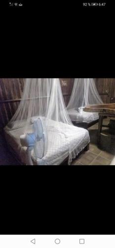 a bed with mosquito nets on top of it at Cabaña la envidia in Santa Maria Huatulco
