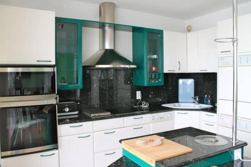 une cuisine avec des placards verts et un comptoir dans l'établissement L'Ancre d'Or Arcachon Port - Vue Exceptionnelle - Plage à 2 min - Parking, à Arcachon