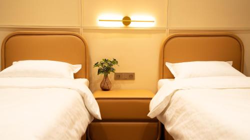 two beds in a room with a vase with a plant at Arzum in Tashkent