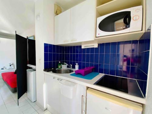 une petite cuisine avec un évier et un micro-ondes dans l'établissement Le temps de vivre, à Plage dʼArgelès