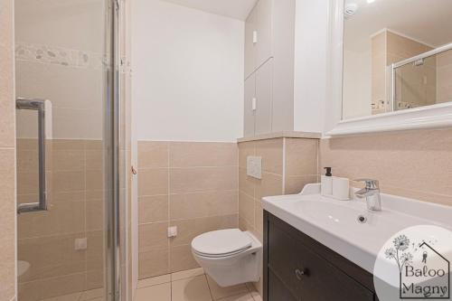 ein Badezimmer mit Toilette, Waschbecken und Dusche in der Unterkunft Hercule - Séjour héroïque à Disneyland Paris in Magny-le-Hongre