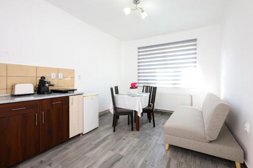 ソバタにあるCasa Zsolt Vendégházのキッチン、ダイニングルーム(テーブル、椅子付)