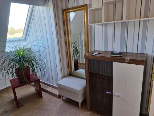 a room with a mirror and a chair and a desk at Ferienwohnung Adebar in Bechhofen