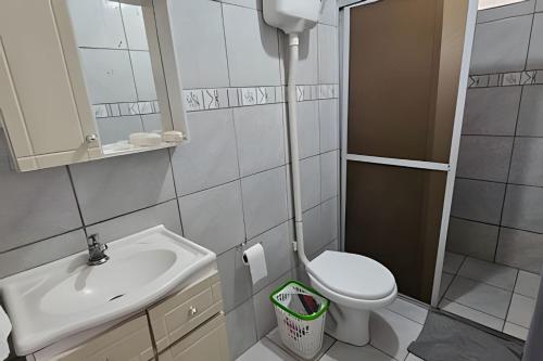a small bathroom with a toilet and a sink at Casa de Campo em Bento Gonçalves in Bento Gonçalves