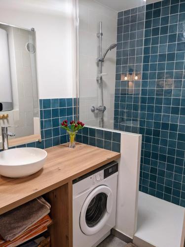 une salle de bain avec une machine à laver et un lavabo dans l'établissement Appartement 3 pièces avec parking couvert gratuit., à Le Pré-Saint-Gervais