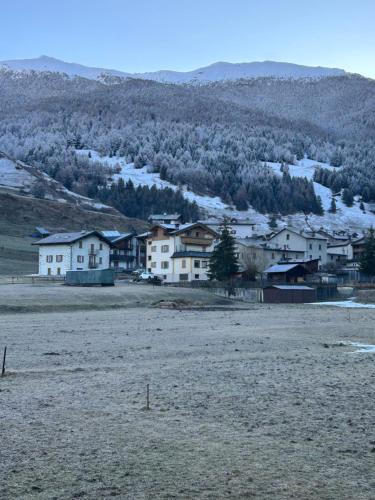 a group of houses in a field with mountains in the background at La Casetta Dei Sognatori in Valfurva