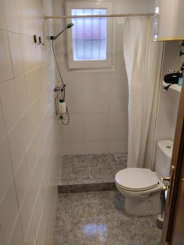 a bathroom with a toilet and a window at Céntrico y equipado apartamento in Sabiñánigo