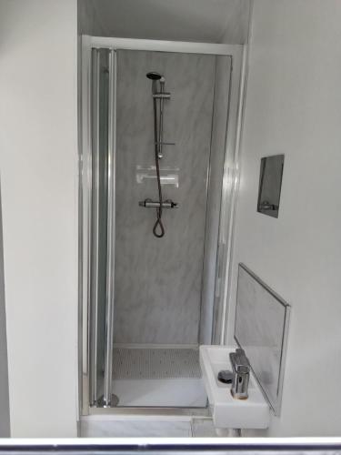 a bathroom with a shower with a sink and a mirror at Bridgewoods in Chatham