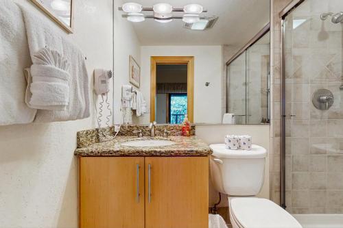 Un baño con lavabo, inodoro y ducha. en Brockway Springs #36, en Kings Beach