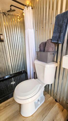 a bathroom with a white toilet in a room at Glamping Queen Tent At Private Riverside Ranch in Moab
