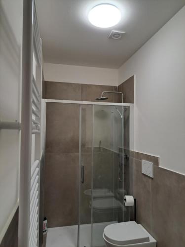 a bathroom with a toilet and a glass shower at San Francesco Home in Terni