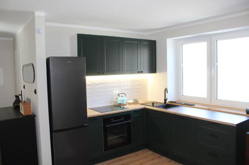 a kitchen with black cabinets and a black refrigerator at Leśne Szlaki AP Apartment's in Jedlina-Zdrój
