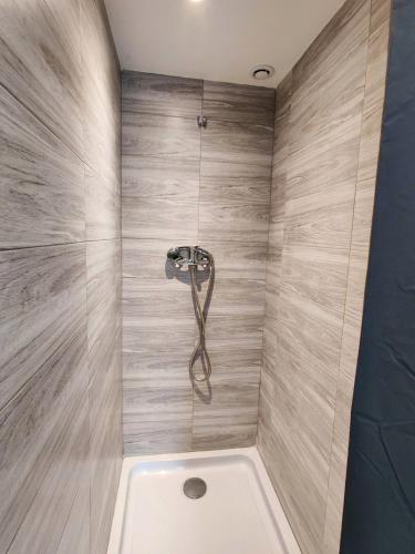 La salle de bains est pourvue d'une douche et d'une baignoire. dans l'établissement L'Atelier des Carmes, à Pamiers