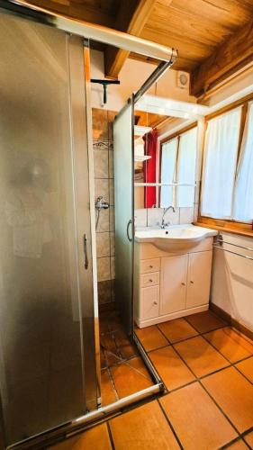 une salle de bain avec douche et lavabo dans l'établissement Gîte de France De la bergerie 2 épis - Gîte de France 4 personnes MAE-9104, à Neuvic