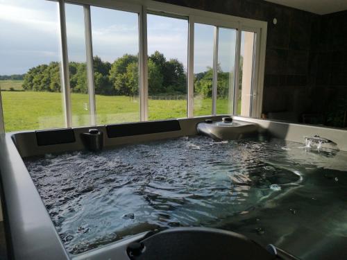 La salle de bains est pourvue d'une grande baignoire avec de l'eau. dans l'établissement Nature et bien- être, à Sauvigney-lès-Pesmes