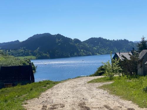 a dirt road next to a body of water at Józefówka - dom z 4 sypialniami, z balią ,dużym tarasem i pięknym widokiem na Wysową in Wysowa-Zdrój