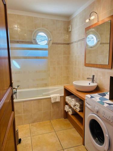 une salle de bain avec une machine à laver et un lavabo dans l'établissement Marina Le Paradis sur l'eau, à Aigues-Mortes