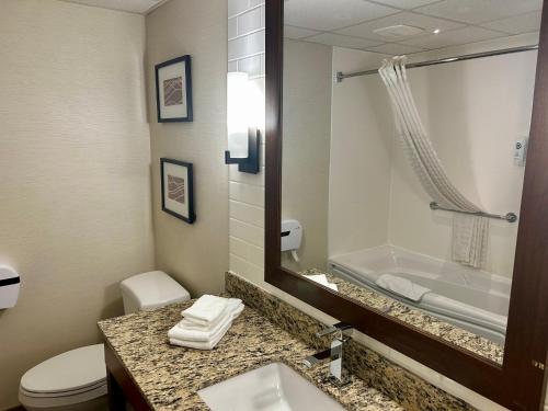 a bathroom with a sink and a toilet and a mirror at Comfort Inn in Saint-Georges
