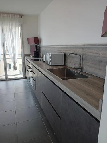 une cuisine avec un évier et un micro-ondes dans l'établissement Luxury Apartment MonacoView, à Beausoleil
