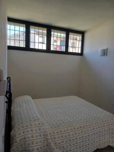 Un dormitorio con una cama y dos ventanas. en Fossato37, en Pontassieve