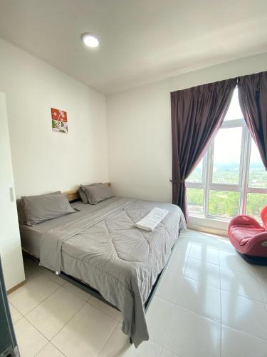 a bedroom with a bed and a large window at Mesahill Studio King With Massage Chair Above Shopping Mall, Cinema & Bowling, 5 Minutes to USIM, Nilai - 24H Self and Easy Check In in Nilai