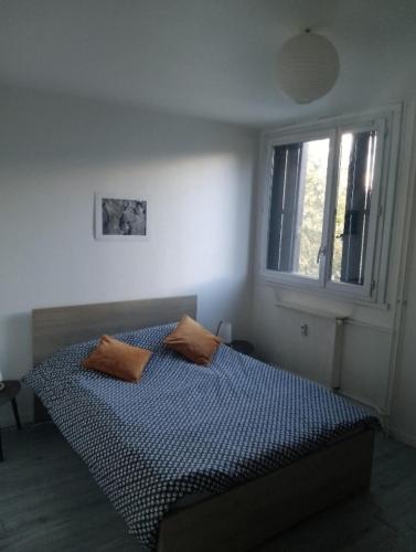 une chambre avec un lit avec deux oreillers dessus dans l'établissement Le petit cocon, à Grenoble