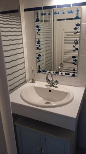 une salle de bain avec un lavabo blanc et un miroir dans l'établissement Résidence Cigalines - Maisonnette mitoyenne 4 pers, résidence avec piscine, à Lacanau Océan MAE-0371, à Lacanau