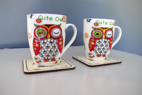 two coffee cups with owls on them on a table at Sweet Dreams in Phetchaburi