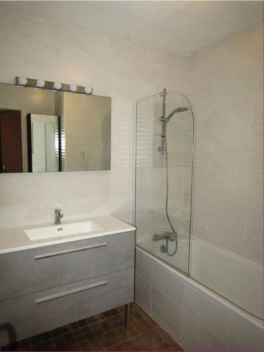 La salle de bains est pourvue d'un lavabo et d'une douche. dans l'établissement Résidence Oceanides - 01406 _ Appartement de plain pied pour 2 à 4 personnes, face à L'océan MAE-0601, à Lacanau