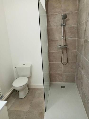 une salle de bain avec toilettes et douche dans l'établissement Résidence Giralda - Rare - Appartement en front de mer pour 10 personnes - vue mer, wifi compris MAE-0871, à Lacanau