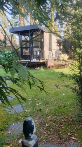 a house with a dome roof in a yard at Pipowagen Bed bij Bos in Putten