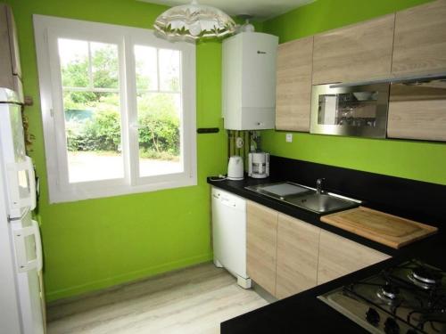 une cuisine verte avec un évier et une fenêtre dans l'établissement Résidence 02332-lacanau - Maison indépendante 6 personnes, lac de Lacanau MAE-1061, à Lacanau