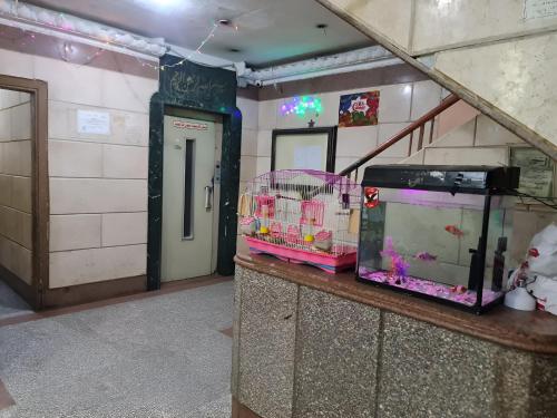 a room with a fish tank on a counter at Cozy location in Downtown Cairo close to The Egyptian Museum in Cairo