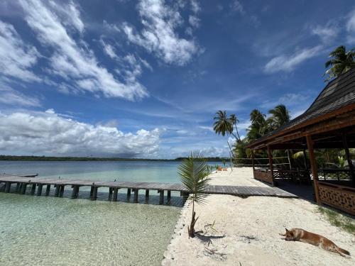 a beach with a pier and a dog laying on the sand at Diamond Island Eco Resort in Pulau Palambakbesar