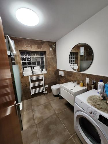 Un baño con lavadora y lavabo. en FeWo Moon am Europapark Zentrum Rust, en Rust