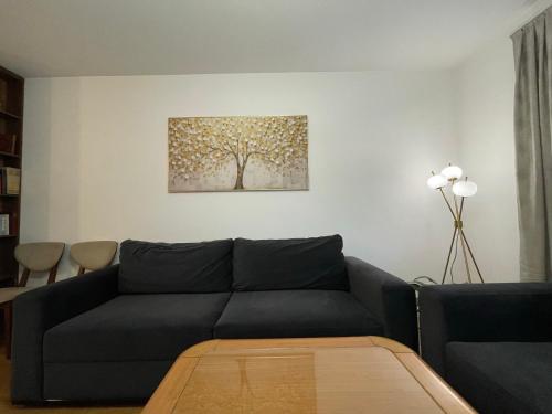 a living room with a black couch and a tree on the wall at Modern apartment in Gjakove