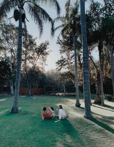three people sitting on the grass under palm trees at Surfaris in Crescent Head