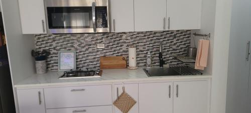 a kitchen counter with a sink and a microwave at Chalet The Palm Retreat Buye, Playa Buyé in El Cerro