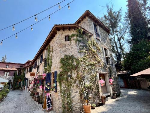 an old stone building with ivy on a street at Val'quirico Auguri Zócalo II, Depto 5 Camas in Santeagueda