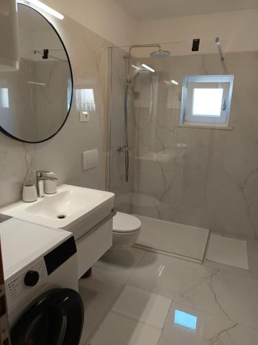 a bathroom with a sink and a shower and a toilet at Apartments with parking space Medulin - 2274 in Medulin