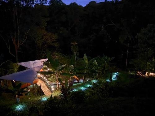 a garden at night with an umbrella and lights at Glamping in jungle - Corcovado Nature Wonders - amazing views - available scooter in Puerto Jiménez