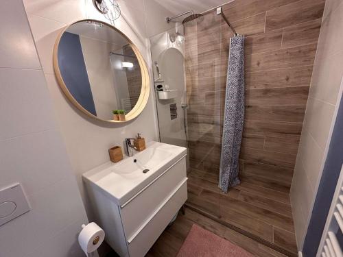 une salle de bain avec un lavabo et un miroir dans l'établissement Bel appartement climatisé 2 pièces 4 personnes proche plage au Grau-du-Roi - FR-1-731-134, au Grau-du-Roi