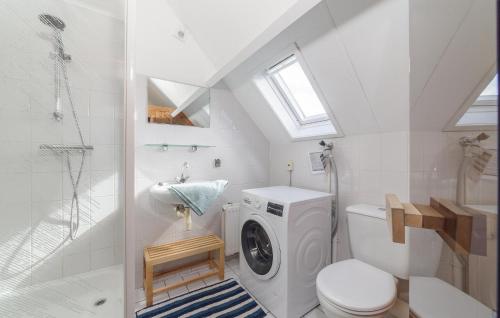 a bathroom with a washing machine and a toilet at Stunning Home In Wemeldinge With Sauna in Wemeldinge