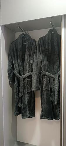 a closet with three coats hanging on a shelf at New Twins 333 in Gudauri