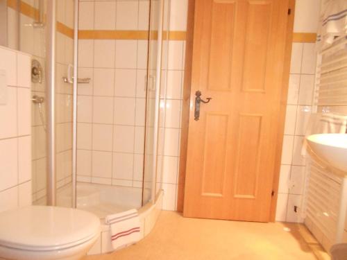 a bathroom with a shower and a toilet and a sink at Ferienwohnung Trattenhaus in Krimml