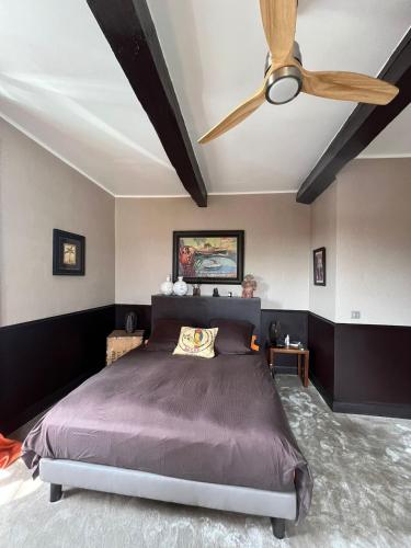 une chambre avec un lit avec un ventilateur de plafond dans l'établissement Maison de village tout confort avec piscine, à Laugnac