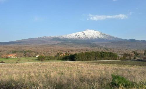 a snow covered mountain in the distance with a road at Chalet Contrada Difesa in Bronte