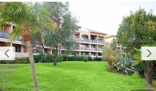 un palmier dans une cour devant un bâtiment dans l'établissement Les Marines de Moriani, à San-Nicolao